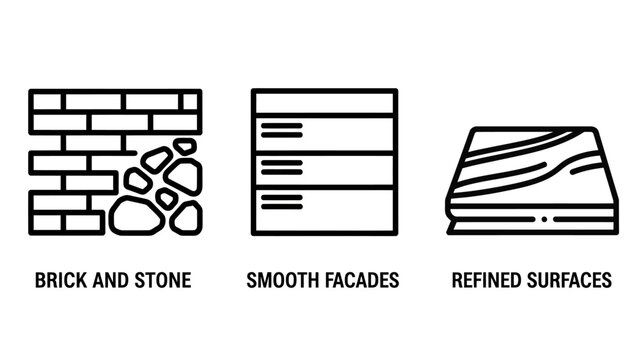 Architectural materials and building surfaces icons set with architecture building construction material structure exterior industrial cladding engineering planning component development