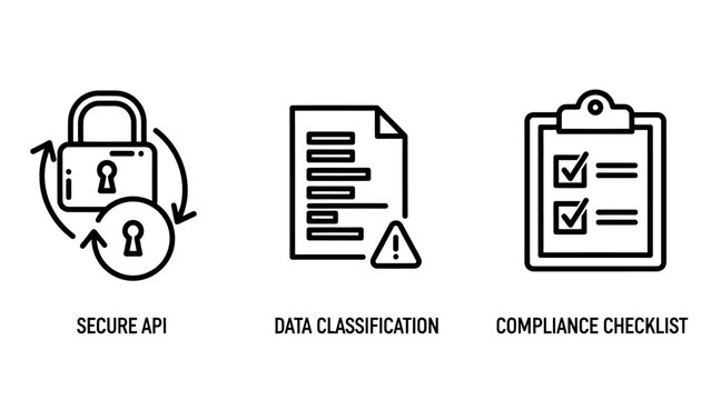 Set of cybersecurity and business compliance line art icons representing secure api data classification and checklist process with security compliance checklist protection business cybersecurity