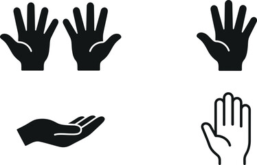 Obraz premium Collection of stylized hand silhouette and outline icons showing raised hands open palms and gesture symbols for design use