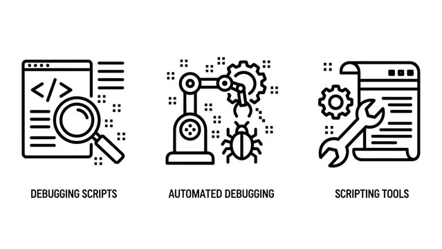 Software development debugging scripts and automated tools icons with debugging automated software development programming magnifier automation technology computer analysis solution