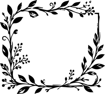 Floral frame displays a rectangular border composed of hand-drawn black botanical leaves and stems surrounding an empty area for custom text.