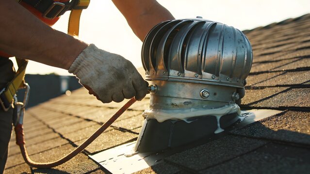 Worker hands in protective gloves fixing a stainless steel roof turbine vent base with a sealant layer. Professional house construction, roof maintenance, and weatherproofing service concept