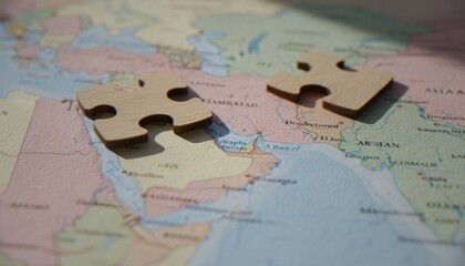 Two wooden puzzle pieces resting on a vintage world map, focusing on the Middle East region, symbolizing global connection, international relations, or travel planning. © dang