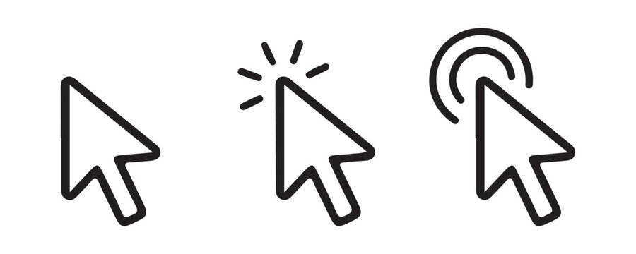 Computer mouse cursor icons demonstrating click actions with animation on transparent background.