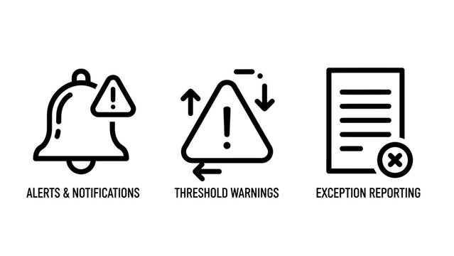 Alerts notifications threshold warnings and exception reporting icons set with notification threshold exception reporting business management triangle document interface minimalist software