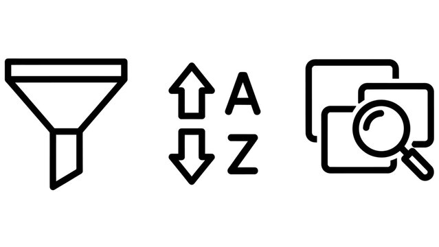 Data management icons set including filter sort alphabetical and search files with alphabetical magnifying management interface application organization information business illustration