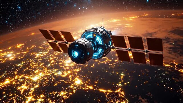 Satellite in space above city lights