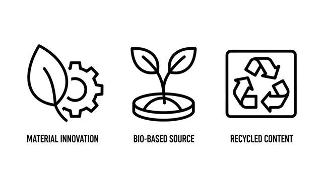 Sustainable and eco-friendly icons for material innovation bio-based resources and recycled content waste reduction sustainability environment recycling innovation material resources industry