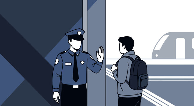 Security Officer Stops Traveler at Station Entrance | Safety Check