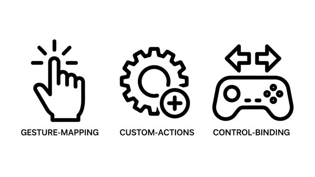 Gaming control settings icons including gesture mapping custom actions and controller binding options with controller interface settings joystick software development configuration optimization
