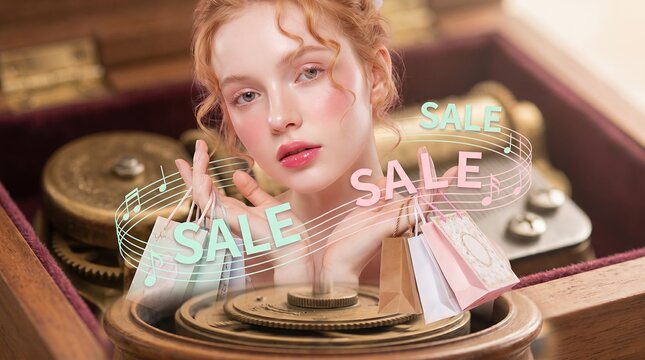 sale advertising fashion shopping surreal reflection beauty portrait premium retail closeup miniature shopper reflected inside turntable scene suggests circular consumer desire and hypnotic luxury