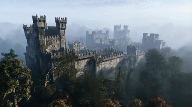 Majestic medieval castle surrounded by misty forest landscape. A symbol of history, strength, and timeless architecture in a serene setting