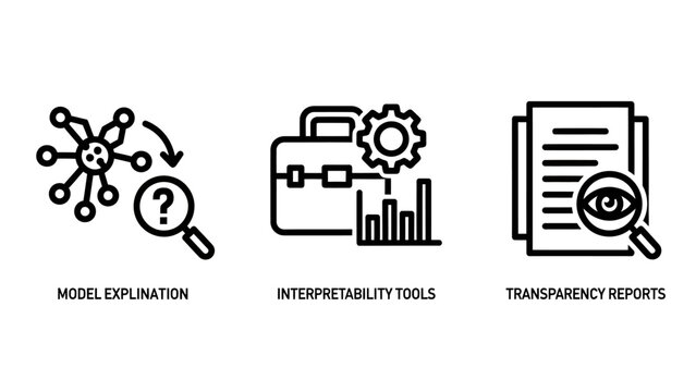 Artificial intelligence model explanation and transparency reports icons set with explanation interpretability transparency intelligence algorithm analysis technology learning business