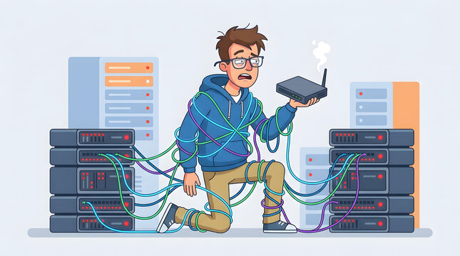 Work stress of an it technician tangled in server room cables