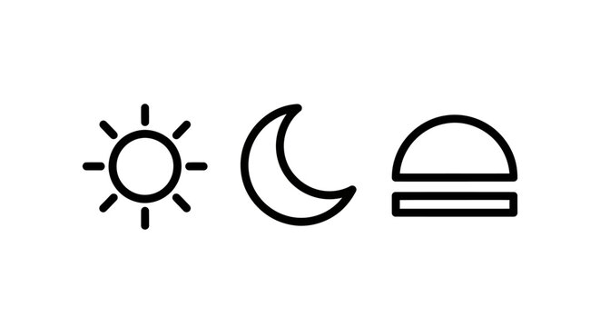 Minimalist sun moon and half circle icons representing time and day cycle concepts with minimalist astronomy environment interface abstract monochrome isolated application forecast celestial