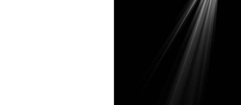 Dramatic light rays on black background, ethereal sunbeam overlay for photo editing, cinematic white spotlight effect with volumetric fog