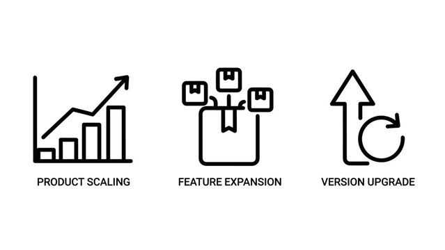 Business growth icons representing product scaling feature expansion and version upgrade process with expansion business development improvement strategy increase software marketing corporate