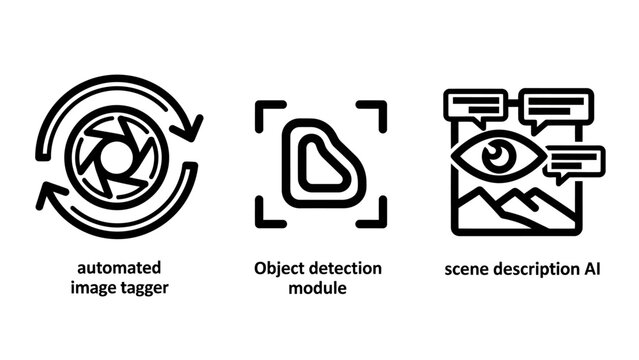 Artificial intelligence and object recognition icons with intelligence artificial detection recognition description automation computer learning analysis software innovation minimalist
