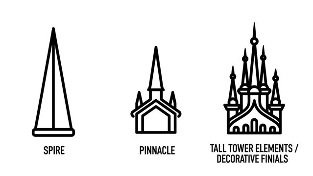Architectural elements set including spire pinnacle and decorative tower finials outline icons with pinnacle architecture building construction structure ornament cathedral medieval classical