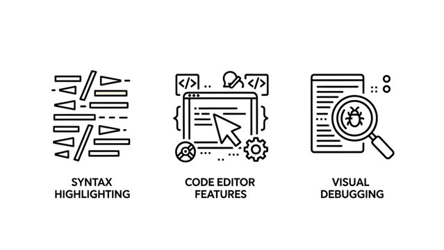 Software development tools concept including syntax highlighting code editor features and visual debugging icons with debugging software development programming technology computer scripting