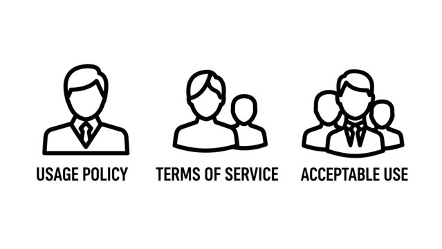 Set of linear user profile and compliance icons for website interface with acceptable management interface compliance regulation identity accountability governance internet business protocol