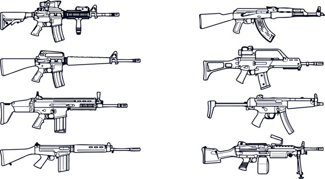 Set of various assault rifles and firearms, weapon icons and symbols on transparent background.