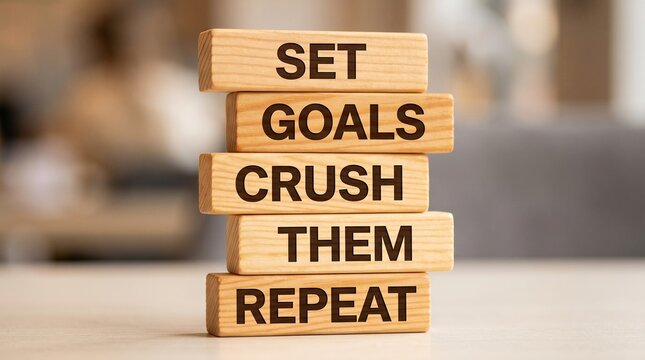 A stack of wooden blocks displaying the motivational phrase "SET GOALS CRUSH THEM REPEAT" on a blurred background.
