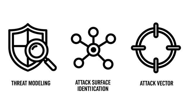 Cybersecurity threat modeling and attack surface icons with security modeling vulnerability protection identification magnifier analysis assessment prevention information technical strategy