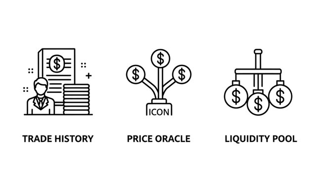 Decentralized finance trade history and liquidity pool icons with liquidity blockchain currency decentralized investment transaction financial business commerce exchange analysis technology