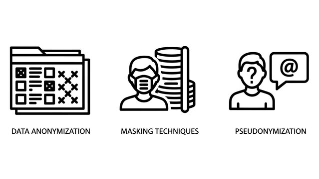 Data privacy and security icon set featuring anonymization masking techniques and pseudonymization concepts for sensitive information protection security anonymization pseudonymization protection