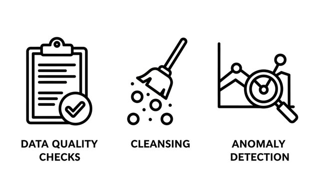 Data quality and health maintenance icons featuring data checks cleaning processes and anomaly detection analytics tools cleansing detection analytics maintenance cleaning validation statistics