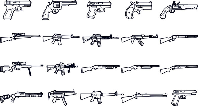 Collection of firearm outlines vector set on transparent background handgun pistol rifle and shotgun.