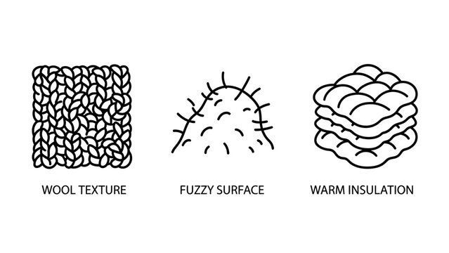 Textured material samples representing wool fabric fuzzy surface and warm insulation icons with insulation material knitting clothing structure materiality illustration detailed softness