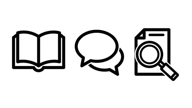 Research and communication icons featuring open book speech bubbles and search document research learning communication knowledge magnifying education literacy information analysis
