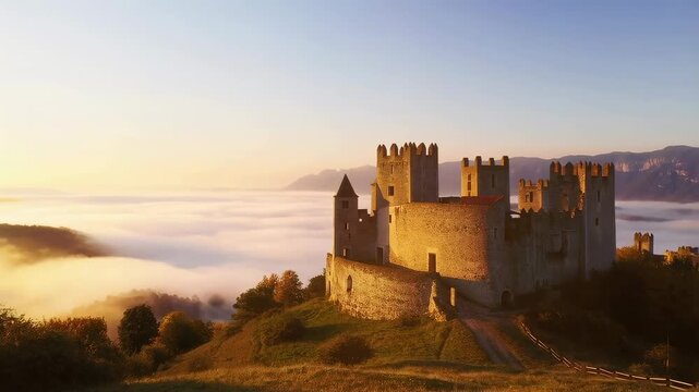 Majestic medieval castle perched on a hilltop above a sea of fog at sunrise. A symbol of history, strength, and timeless beauty in a serene landscape