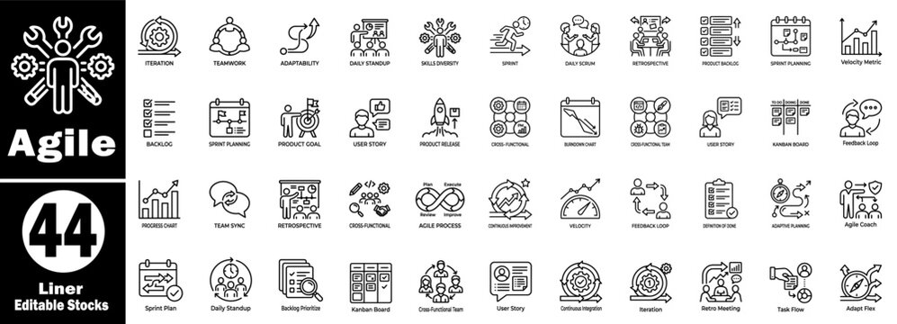 Agile liner editable stock vector icons. Professional project management teams vector illustrations.
