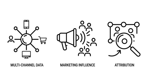 Marketing attribution and multi channel data analysis icons with marketing attribution influence analysis customer megaphones shopping magnifying research audience connectivity advertising