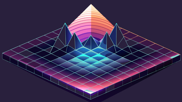 Abstract isometric landscape with glowing mountains and grid terrain surface isometric landscape mountains abstract futuristic perspective background geometry synthwave retrowave structure
