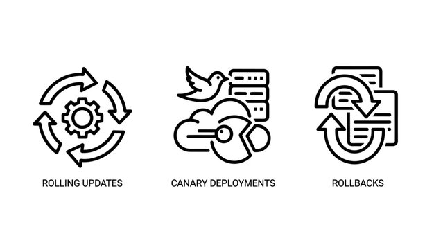 Software deployment and update process icon set with deployment software rollback infrastructure development automation versioning management engineering application programming workflow