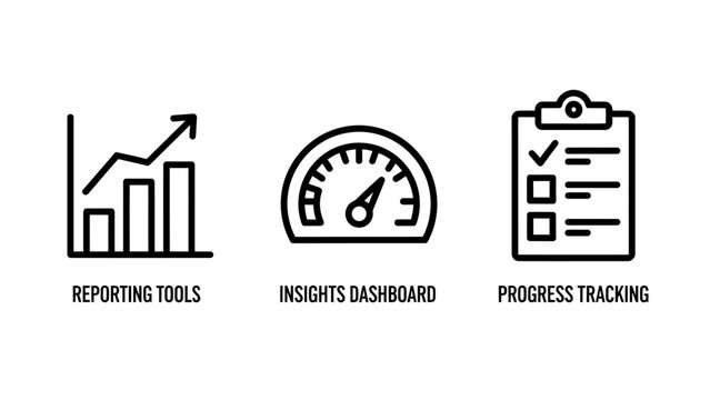 Reporting tools insights dashboard progress tracking task list icons with reporting dashboard tracking insights progress checklist business analysis management corporate performance