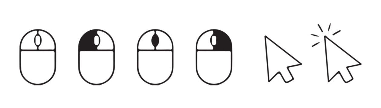 Mouse pointer and computer mouse icons set representing clicks and scrolling actions.