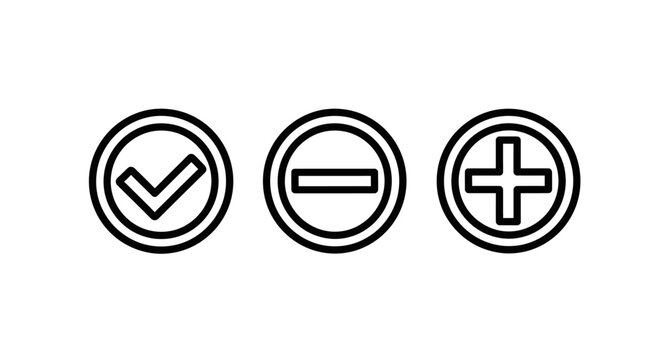 Set of round checkbox minus and plus sign outline icons with checkbox positive negative interface selection addition subtraction interaction application validation complete increase