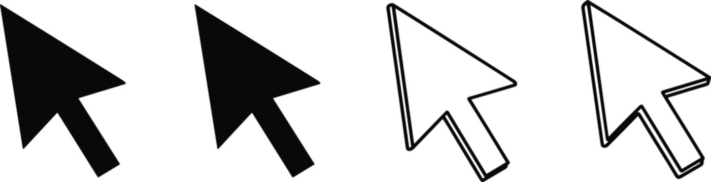 Black and white cursor arrow icons, computer mouse pointer symbols, digital clicking signs, website navigation interface elements, internet browser indicators, flat and outline designs.