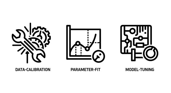 Data calibration parameter fit and model tuning process icons with calibration parameter optimization algorithm software engineering settings statistics circuits electronic development
