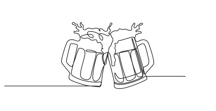 Self drawing animation one continuous line draw, logo, Abstract hand with two mugs, glass beer, Continuous line drawing beer glass, bottle, one line art, minimalist drink icons video, Alcohol and cock