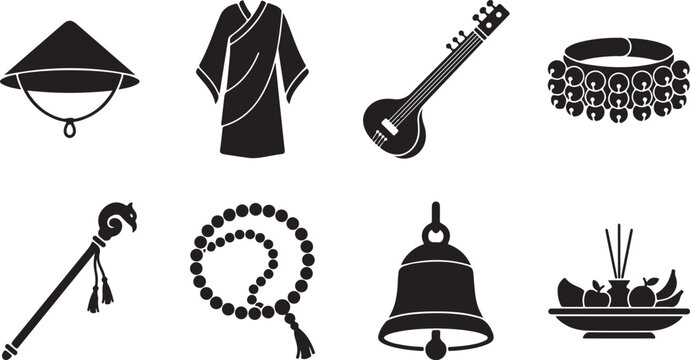 Buddhist ritual, spiritual, and cultural icons, 8 black vector symbols