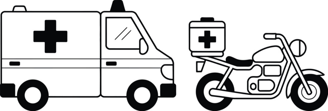 Ambulance van and emergency medical motorcycle with first aid box vector illustration isolated on white background line art icon.