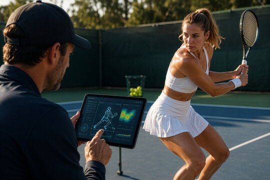 AI Tennis Performance Tracking During Backhand Training Session with Coach Using Real-Time Sports Analytics Dashboard