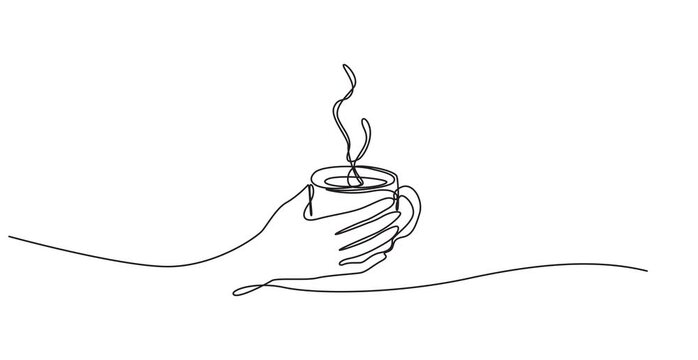 Minimalist style single line illustration. 4K video, alpha channel, Self drawing animation of continuous one line hand holding a cup of coffee or tea, Happy break morning time at office. Full length.