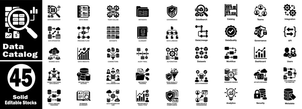 Data catalog solid icon set. Showing various symbols for business analytics processing and management of digital information.